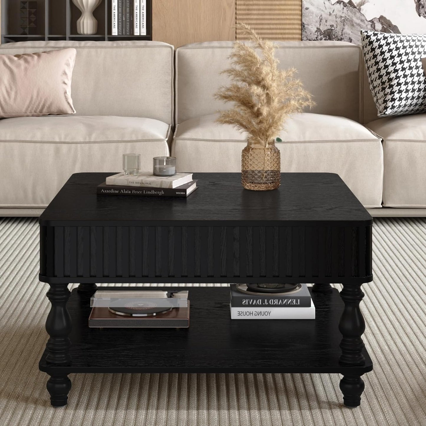 31.5 Inch Square Lift Top Coffee Table with Hidden Storage, 2 Tier Wooden Square Fluted Coffee Table with Open Shelf & Sculpted Legs, Retro Center Table for Living Room, Apartment, Home Office, Black
