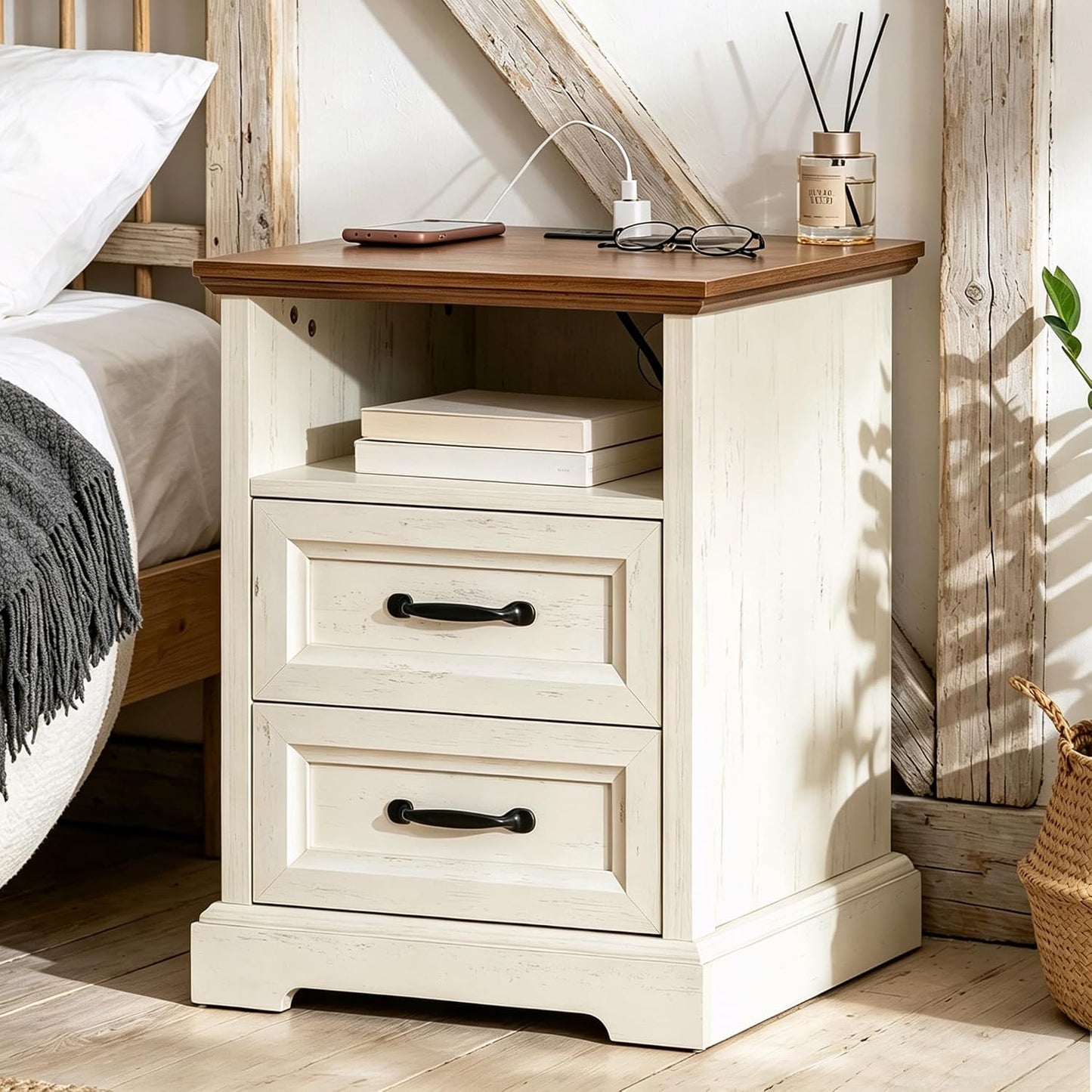 HOMMPA Farmhouse Nightstand w/Charging Station, Open Shelf, Rustic White