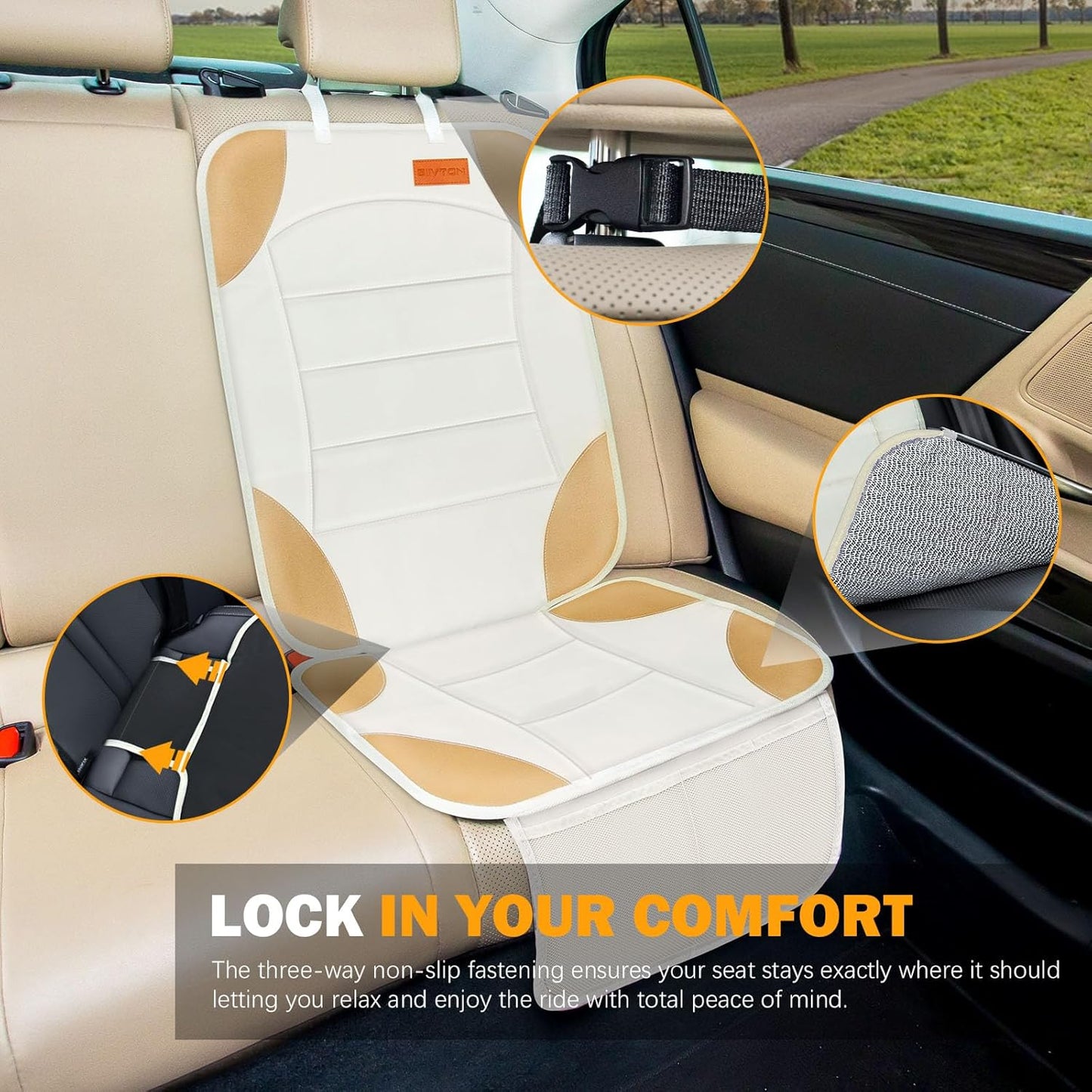 Siivton Car Seat Protector for Child Car Seats, Waterproof 600D Fabric Car Seat Cover, Non-Slip Backing, Thick Padding, Mesh Pockets for Storage, Protects Leather & Fabric Upholstery (Off-White)