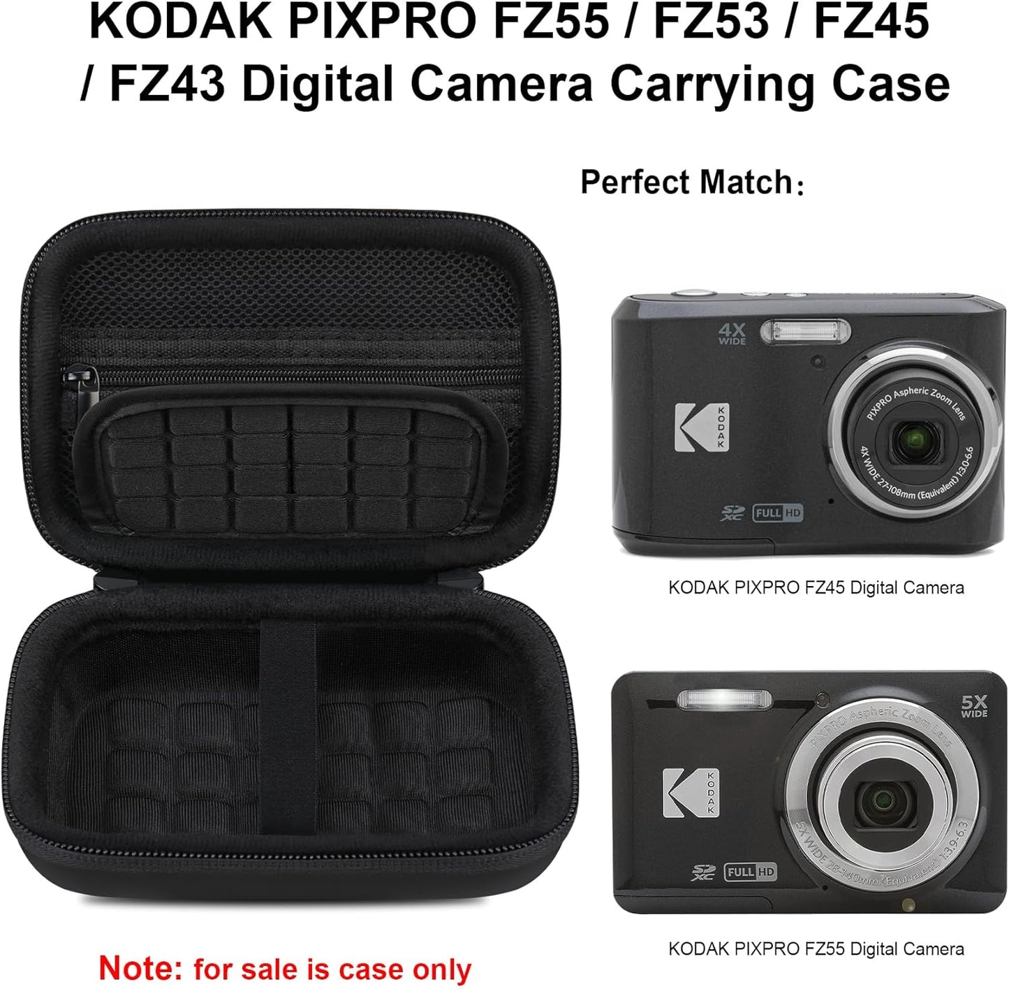 Elonbo Camera Carrying Case for KODAK PIXPRO FZ55 / FZ53 / FZ45 / FZ43 16MP Digital Camera, Vlogging Camera Storage Holder Travel Bag, Mesh Bag Fits Batteries, Cable, Memory Card, Card Reader, Black