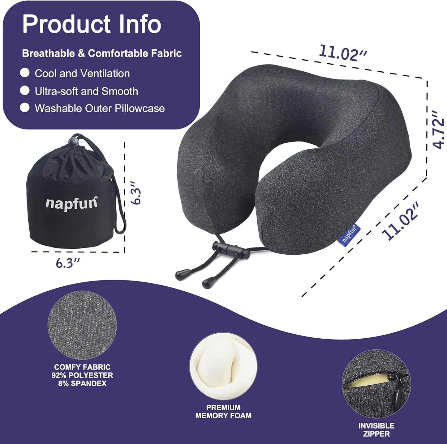 napfun Neck Pillow for Traveling, Upgraded Travel Neck Pillow for Airplane 100% Pure Memory Foam Travel Pillow for Flight Headrest Sleep, Portable Plane Accessories, Full Black
