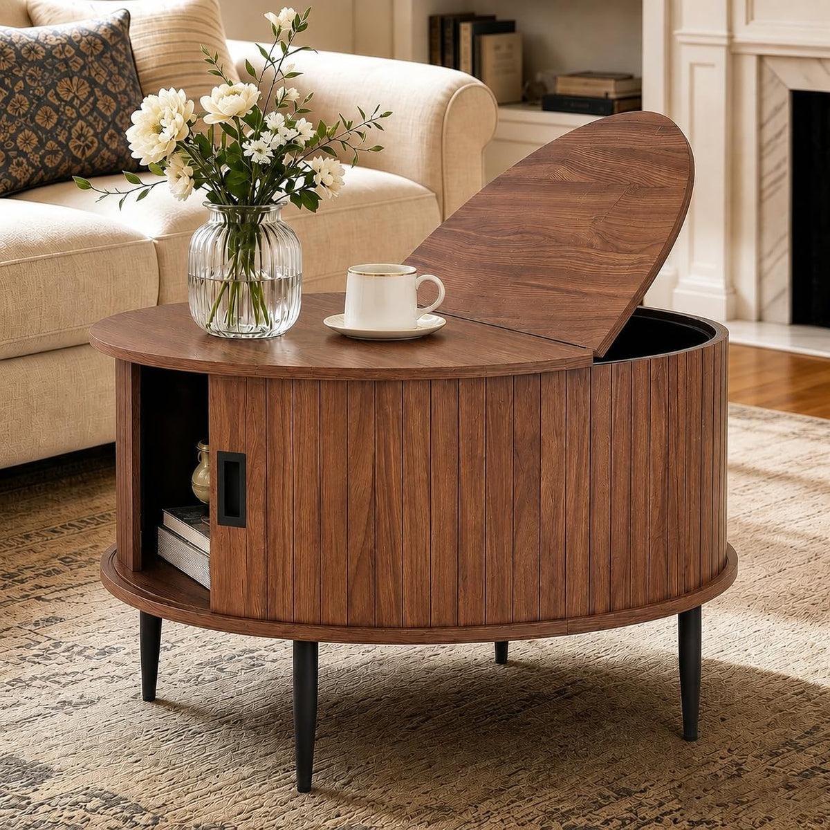 ARTPOWER 31.5" Round Coffee Table with Storage Mid Century Brown Walnut