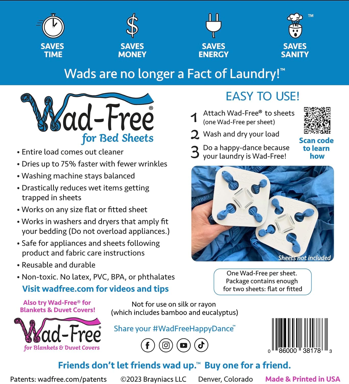 Wad-Free Bed Sheet Detangler Reduces Laundry Tangles - As Seen on Shark Tank, Made in USA