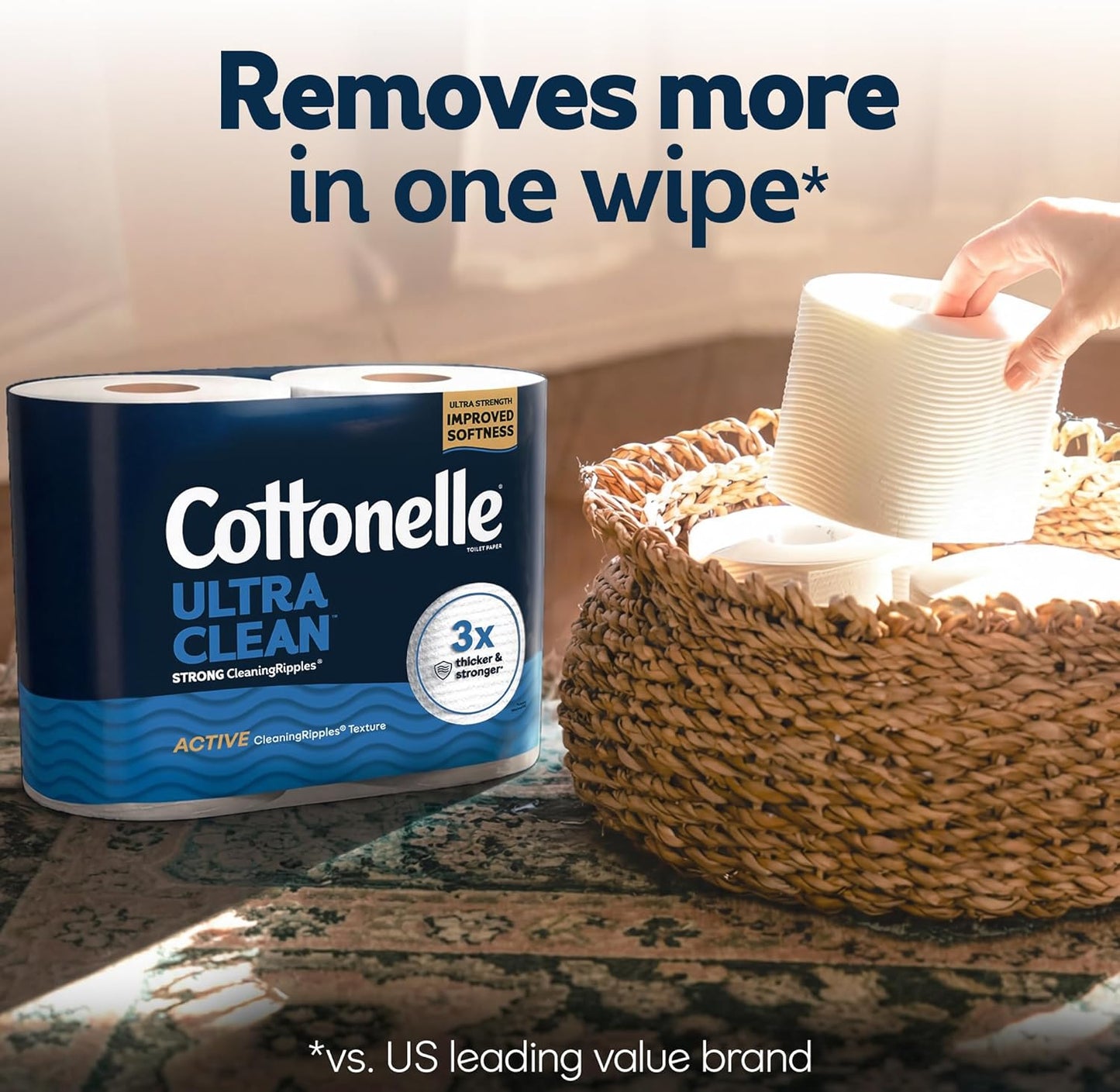 Cottonelle Ultra Clean Toilet Paper with Active CleaningRipples Texture, Strong Bath Tissue, 24 Family Mega Rolls = 132 Regular Rolls (4 Packs of 6)