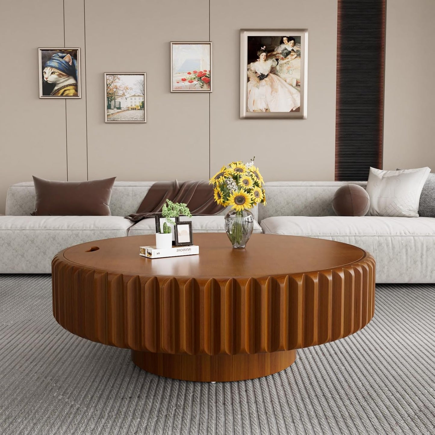 39.37'' Round Fluted Coffee Table with Storage (A39.37IN) | Handcrafted Wood Grooves, Wood Veneered Drum Center Table, Non-Slip Base, for Small Space Apartment Living Room