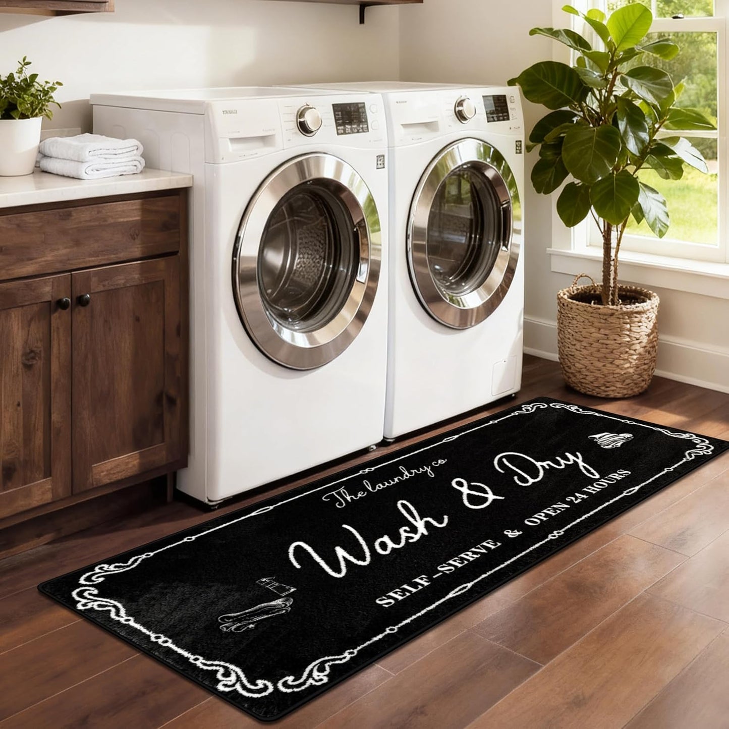 Washable Laundry Room Rug, 20"X47" Non Slip Laundry Mat Runner Soft Low-Pile Laundry Room Organization Farmhouse Decor Area Rug for Entryway Hallway Kitchen Bathroom Black