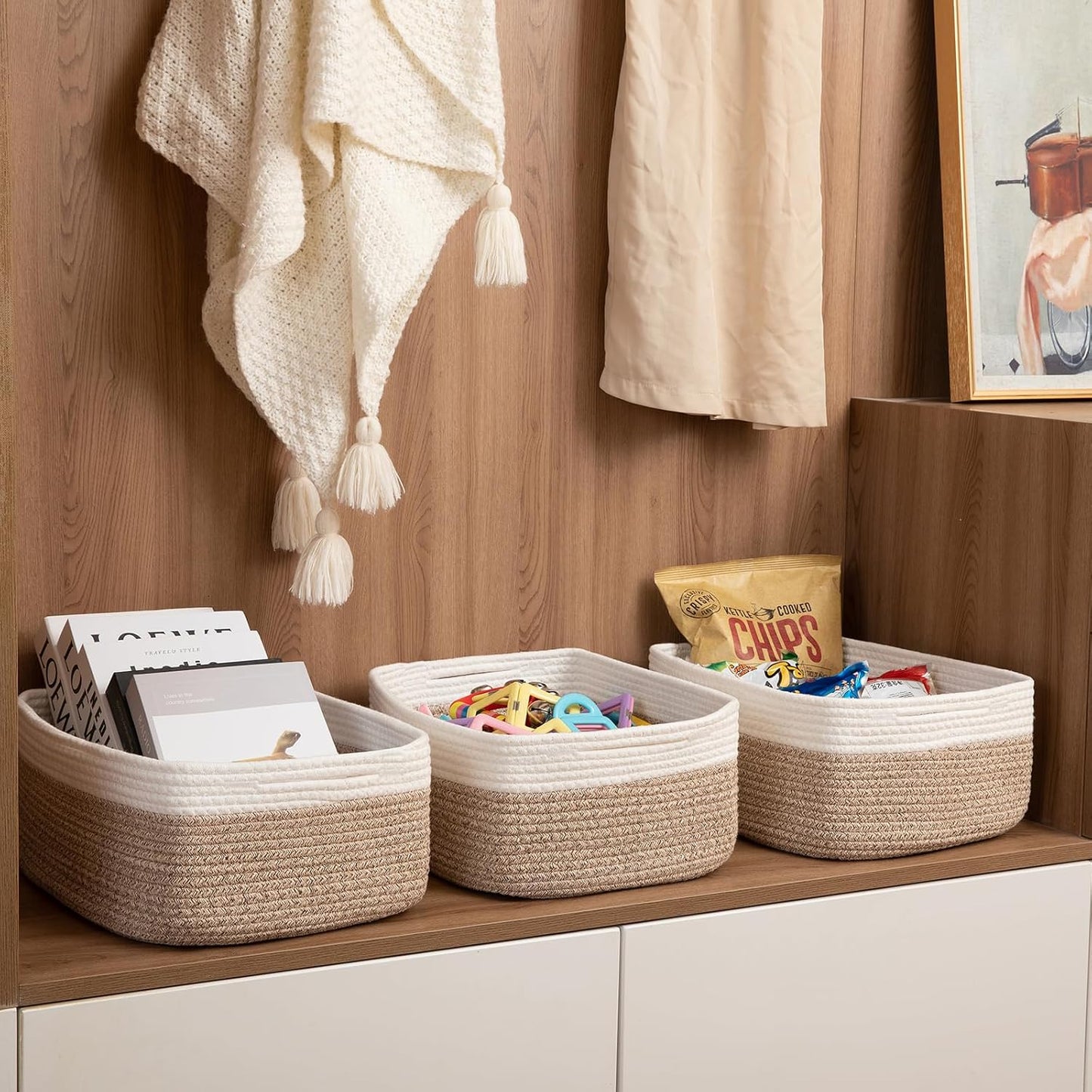 OIASKET Storage Baskets for Organizing 3 Pack, Woven Baskets for Shelves, | Closet Organizer Bins with Handle, Empty Gift Basket, Toy Storage for Toys, Blankets, Towels, Clothes, Books, 15"x11.42"x6.7"