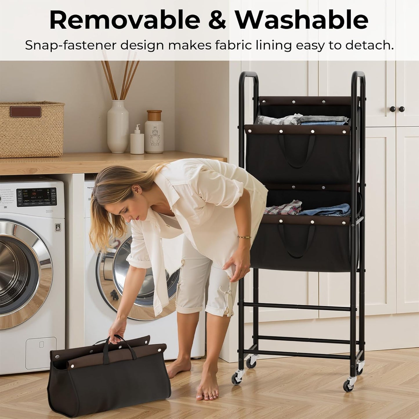 GRANNY SAYS 3 Section Tiered Laundry Sorter, Slim Vertical Laundry Hamper with Wheels, Narrow Rolling Laundry Cart with Removable Bags for Laundry Room, Bathroom, Closet, Dorm, Black