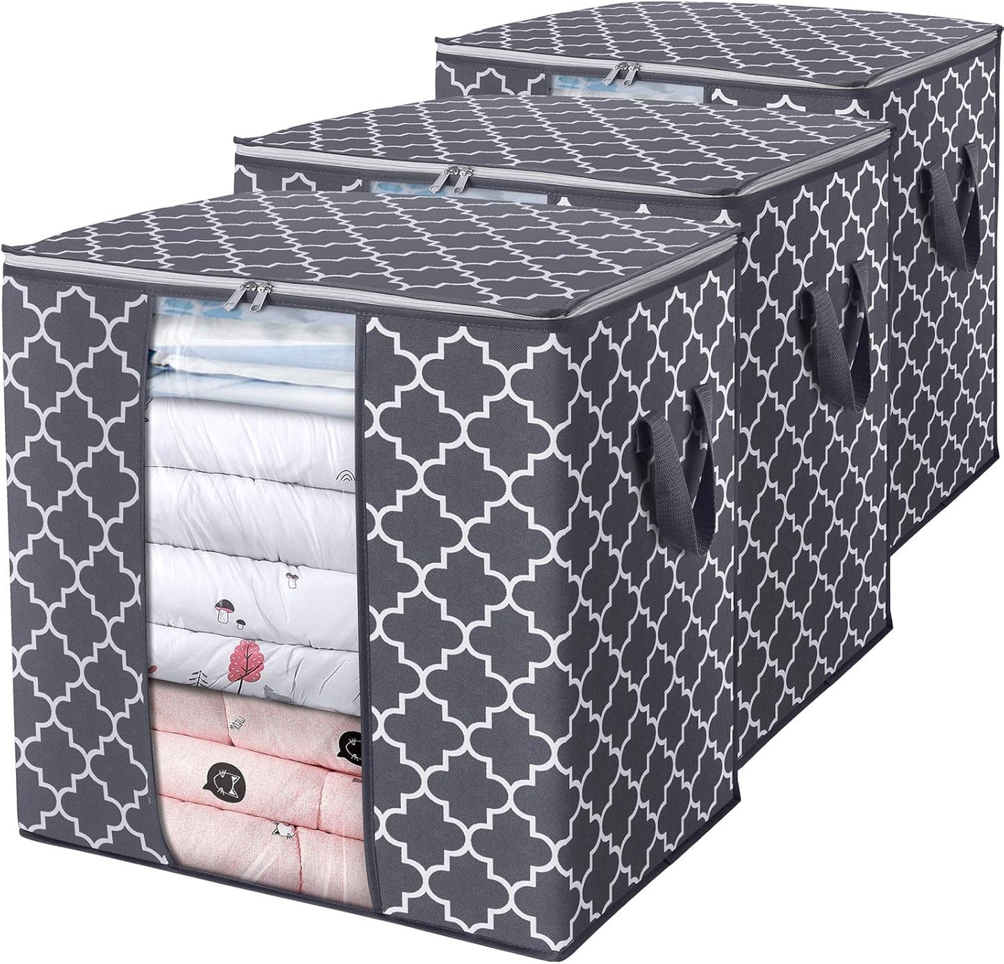WISELIFE Storage Bags 3 Pack/100L Large Blanket Clothes Organization and Storage Containers for Comforters,Bedding, Foldable Organizer with Reinforced Handle, Clear Window, Sturdy Zippers,Gray