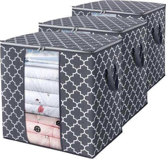 WISELIFE Storage Bags 3 Pack/100L Large Blanket Clothes Organization and Storage Containers for Comforters,Bedding, Foldable Organizer with Reinforced Handle, Clear Window, Sturdy Zippers,Gray