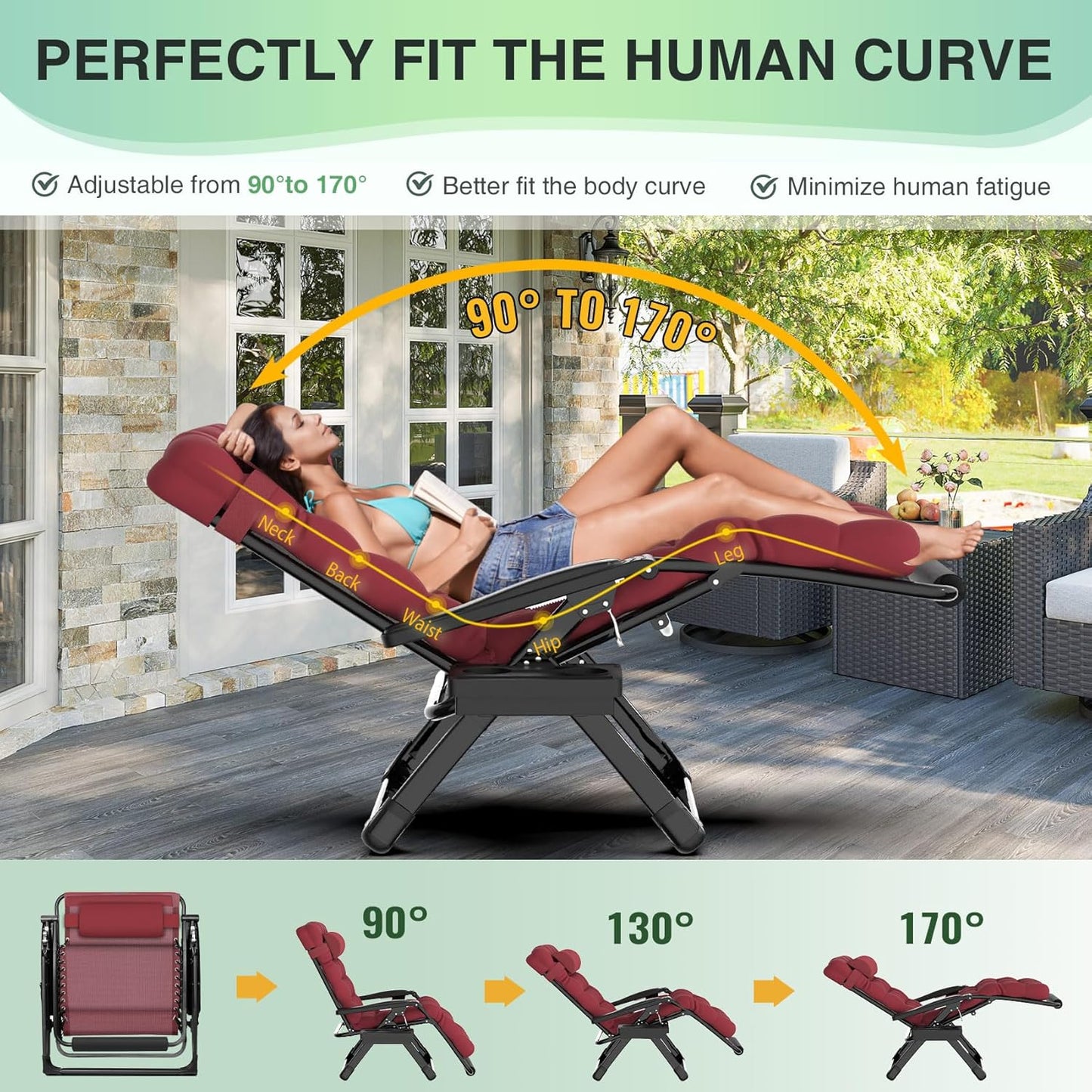Suteck Oversized Zero Gravity Chair,33In XXL Outdoor Recliner Chair w/Removable Cushion&Headrest, Camping Lounge Chair w/Upgraded Lock&Footrest, Reclining Patio Chairs for Indoor Outdoor,500LBS