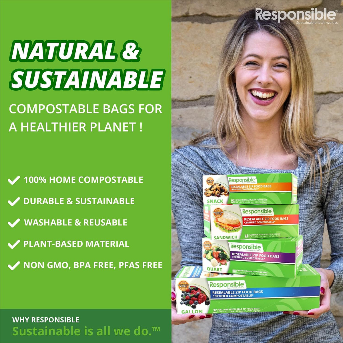 Responsible Products Certified Compostable SANDWICH Resealable Zip Bag, Extra Strength Food Bags, Made from Plant Materials (136 Pack)