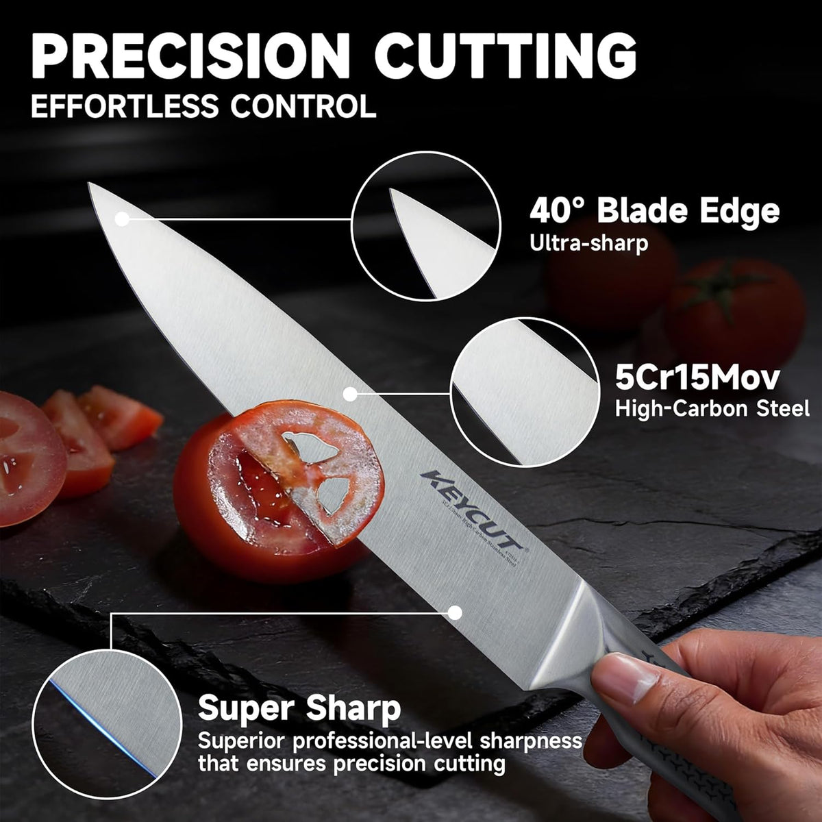 KEYCUT 13 PCS Knife Set with Block, Upgraded 5Cr15Mov High Carbon Stainless Steel Kitchen Knife Sets with Block and Sharpener, Ergonomic Full-Tang Handle, Professional Kitchen Knife Set