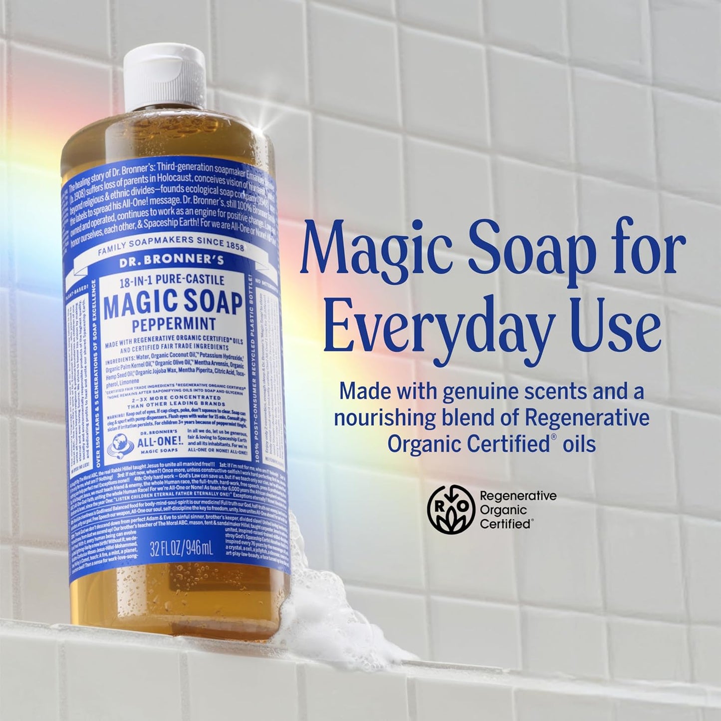 Dr. Bronner's Pure-Castile Magic Liquid Soap- Made with Regenerative Organic Oils- For Body, Face, Hair, Dishes, Pets, Laundry Natural, Vegan, Non-GMO - Peppermint, 32 oz (2-Pack)