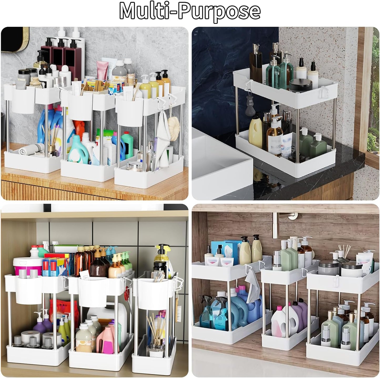 3 Pack Under Sink Organizers and Storage, 2 Tier Bathroom Cabinet Organizer Shelf with Hanging Cups for Kitchen & Bathroom (White)