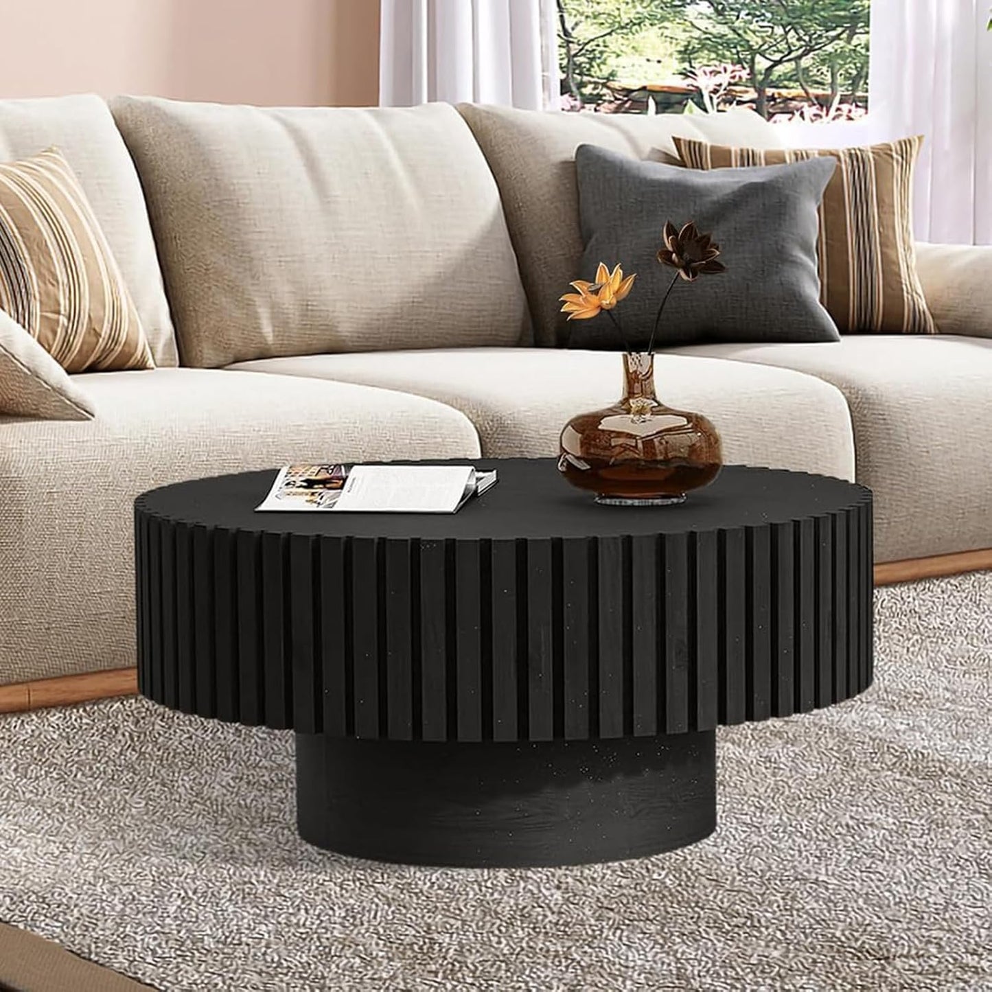 31.5" Round Drum Fluted Coffee Table (G) | Mid-Century Modern, Easy Assembly, Sturdy Pedestal, Center Tables for Apartment Living Room
