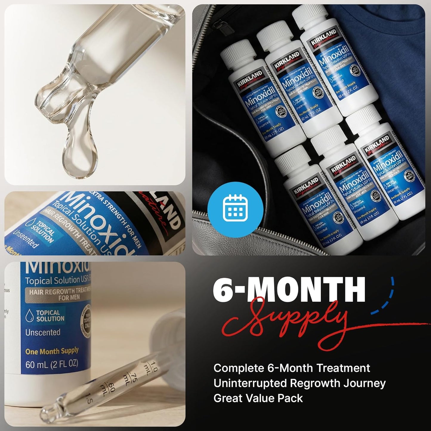 Kirkland Minoxidil for Men Liquid, Extra Strength Hair Regrowth Treatment 5%, 6 Months Supply - Upgraded Dropper Applicator and Bonus Free Guide Included