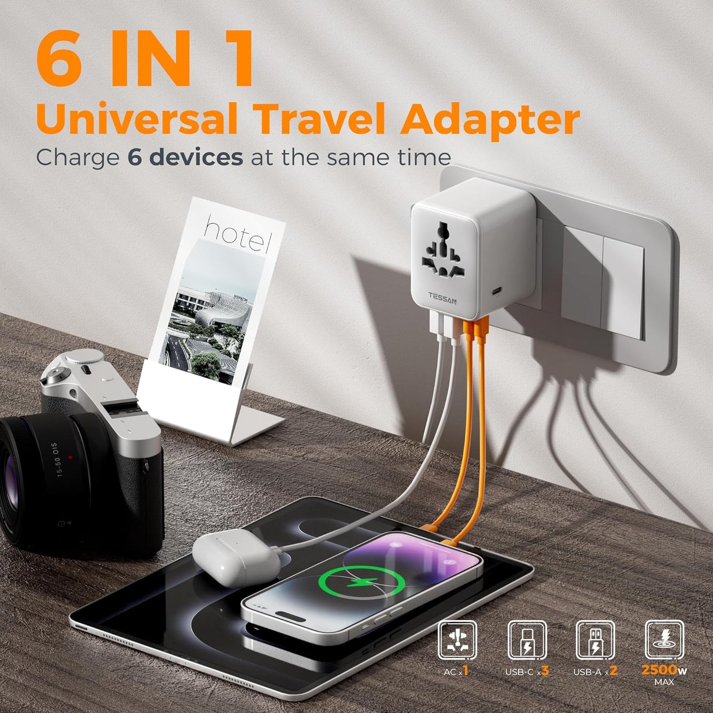 TESSAN Universal Travel Adapter 28W, International Power Adapter with 3 USB C 2 USB A Charging Ports, Worldwide Plug Adaptor for US to European UK Italy Ireland New Zealand (Type C G A I)