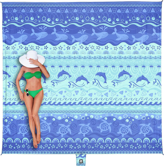 WEKAPO Beach Blanket Waterproof Sandproof Oversized Extra Large Sand Free Beach Mat with Stakes, Storage Bag - Essentials for Outdoor Beach, Picnic (Bohemian Sealife, 8 X 7 FT (1~4 Person))
