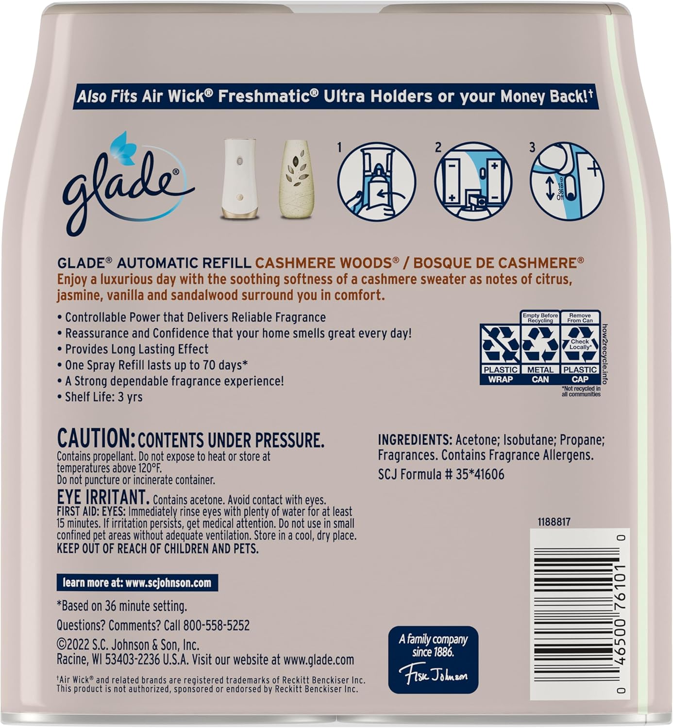 Glade Automatic Spray Refill, Air Freshener for Home and Bathroom, Cashmere Woods, 6.2 Oz, 2 Count