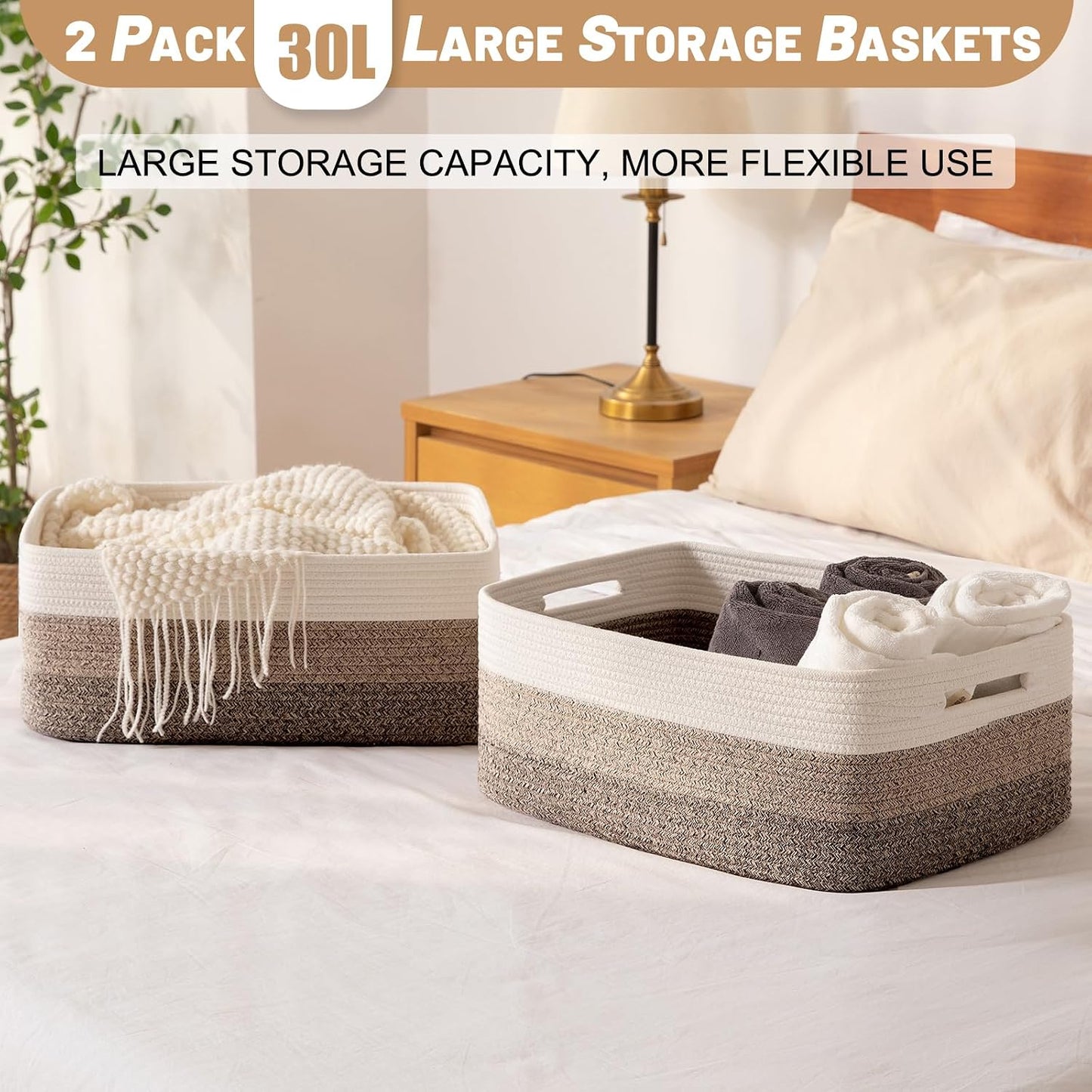 OIASKET Large Storage Basket for Organizing, Woven Rope Basket for Shelves, Closet Organizer Bins for Clothes, Blanket, Toys, Baby Nursery Storage, 17.7" x 13" x 7.87", 2 Packs Yellow