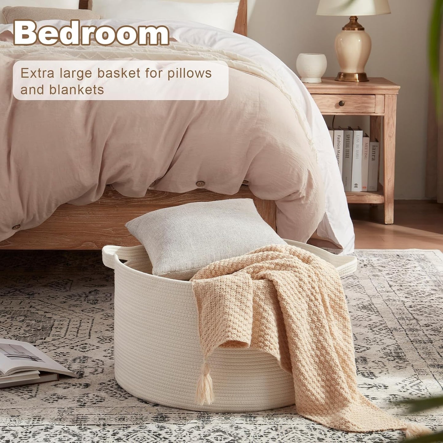 OIASKET Large Woven Baskets for Storage, 22.8" x 22.8" x 13" Blanket Storage Living Room, Baby Toy Basket for Clothes, Pillows, Towels, Shoe Basket for Entryway (White)