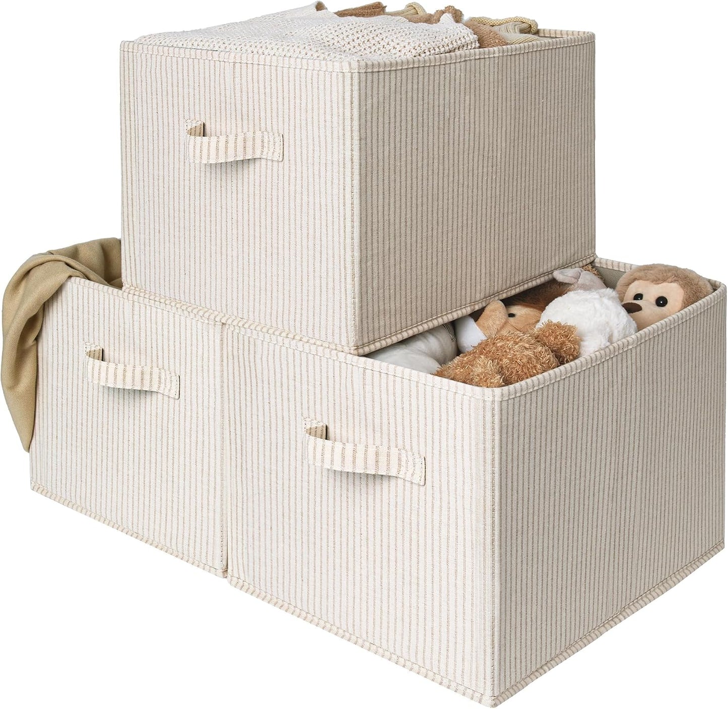 StorageWorks Shelf Organizer Bins, Beige Stripes, Extra Large, 3-Pack | Foldable Shelf Organizer Bins, Closet Storage Baskets for Clothes, Storage Bins for Organization
