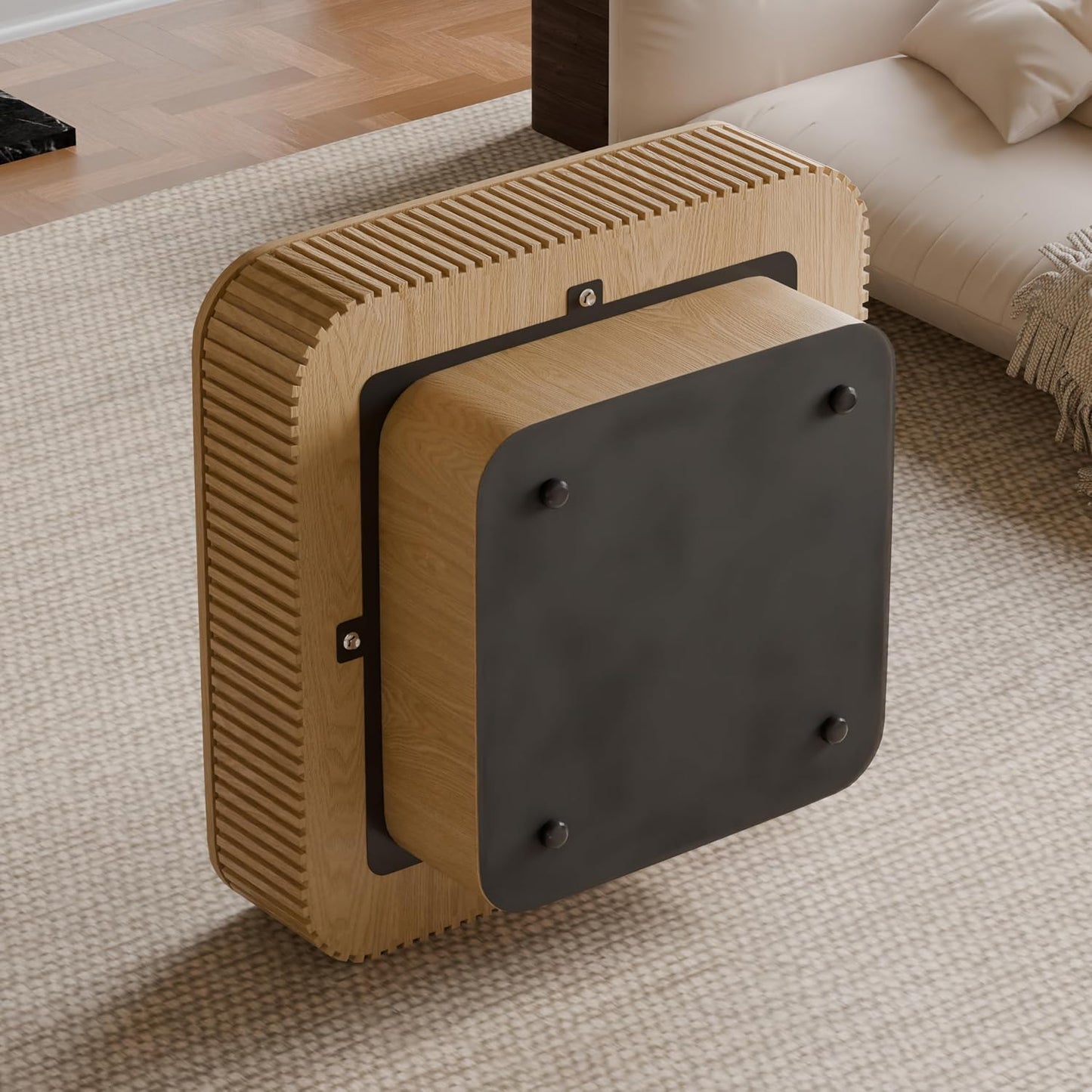 31.5" Square Coffee Table with Hidden Storage Compartment, Modern Handcraft Fluted Drum Coffee Table,Wooden Square Center Table Cocktail Tea Table with Sturdy Pedestal for Living Room,Natural