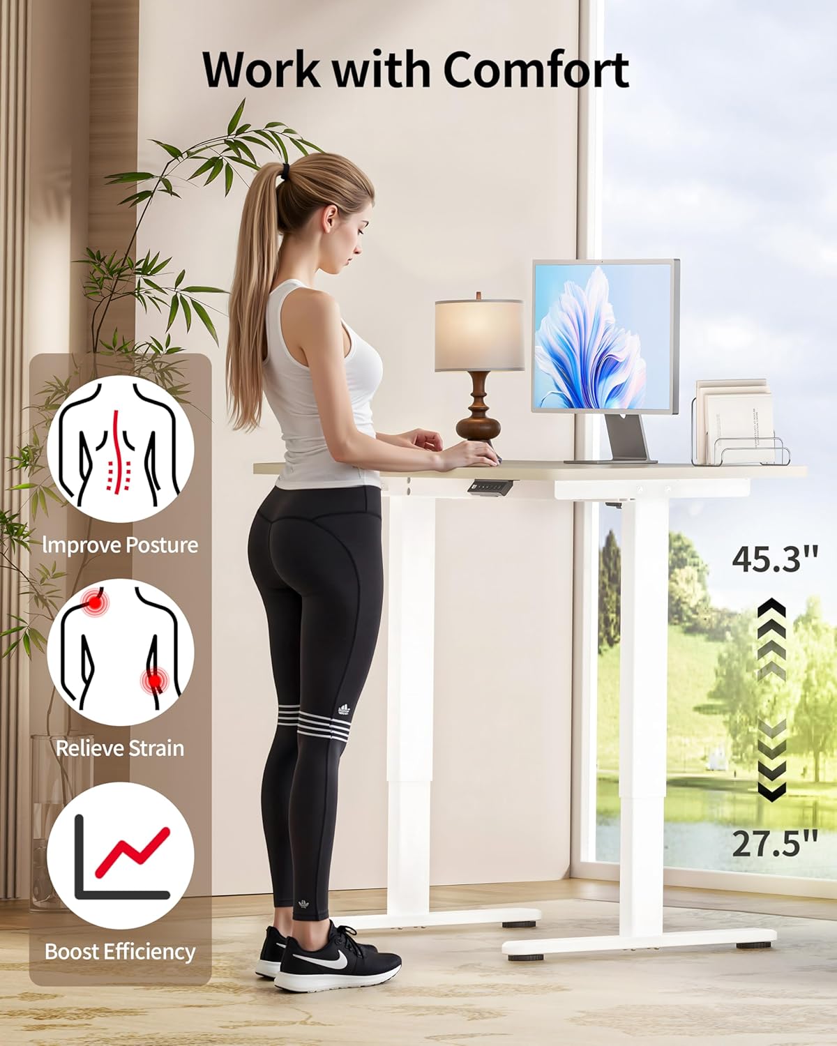 Okin Standing Desk Electric Adjustable Computer Whole Piece Stand up Desk Office Gaming Home Office Memory Desks 48x24 inches Cream Brown