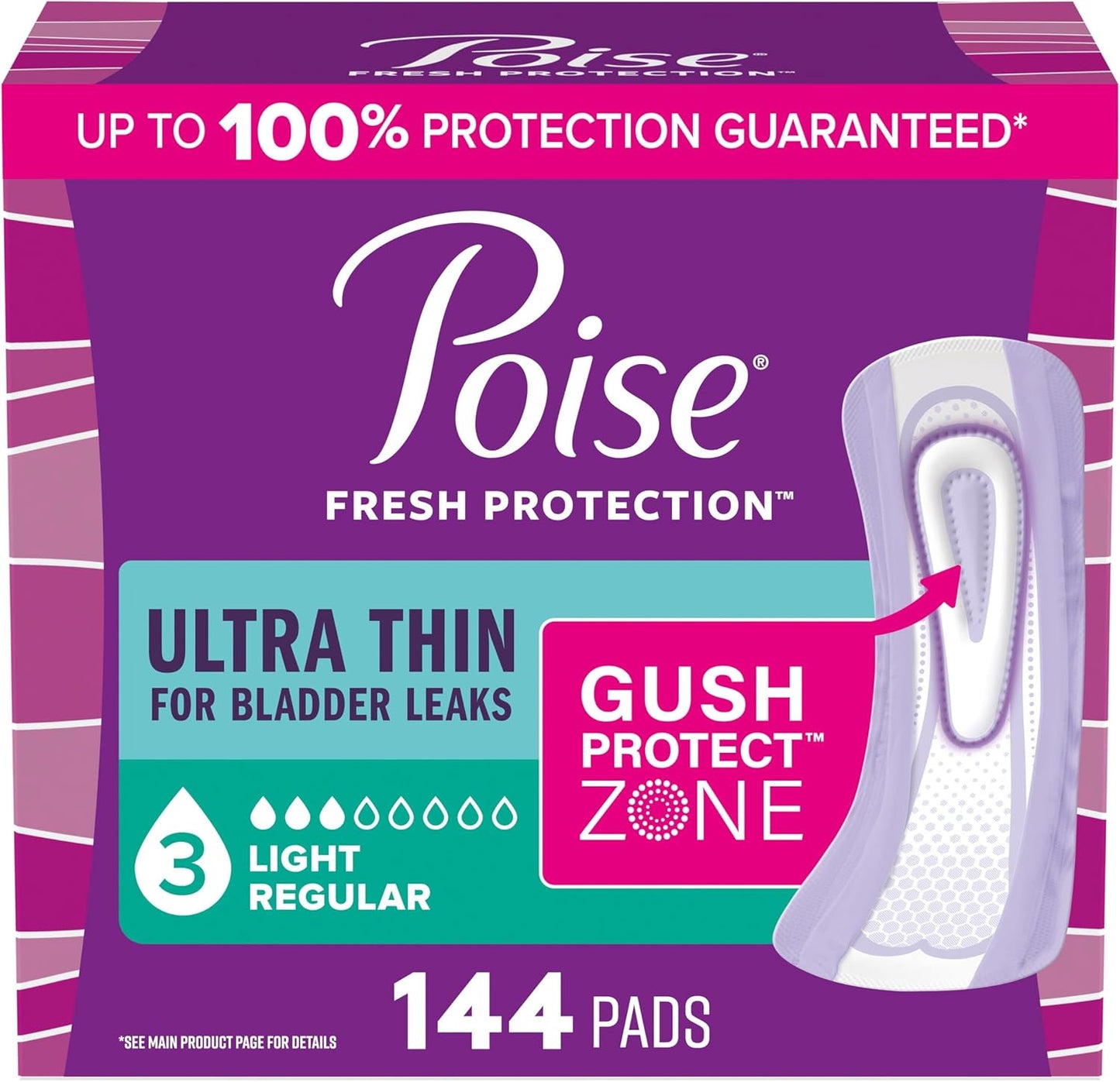 Poise Ultra Thin Incontinence & Postpartum Pads for Bladder Leaks, 3 Drop Light Absorbency, Regular Length, 144 Count (Packaging May Vary)