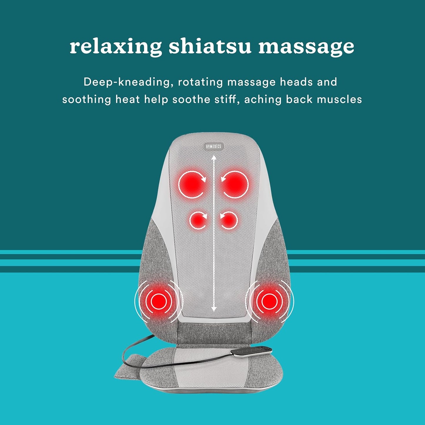 Homedics Shiatsu Back Massage Cushion with Heat, Deep Kneading & Vibration, Handheld Remote, Lumbar Vibration Waves, 3 Massage Zones, Upper, Lower,Full Back,Fits Most Chairs, Premium Fabric,Grey