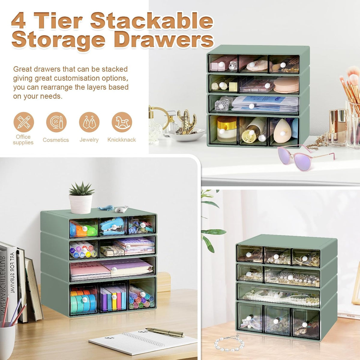 Desk Organizer with 9 Drawers, 4 Tier Plastic Stackable Storage Drawers for Desk Storage, Office Stationary Makeup Organizer Suit for Home, Office and School