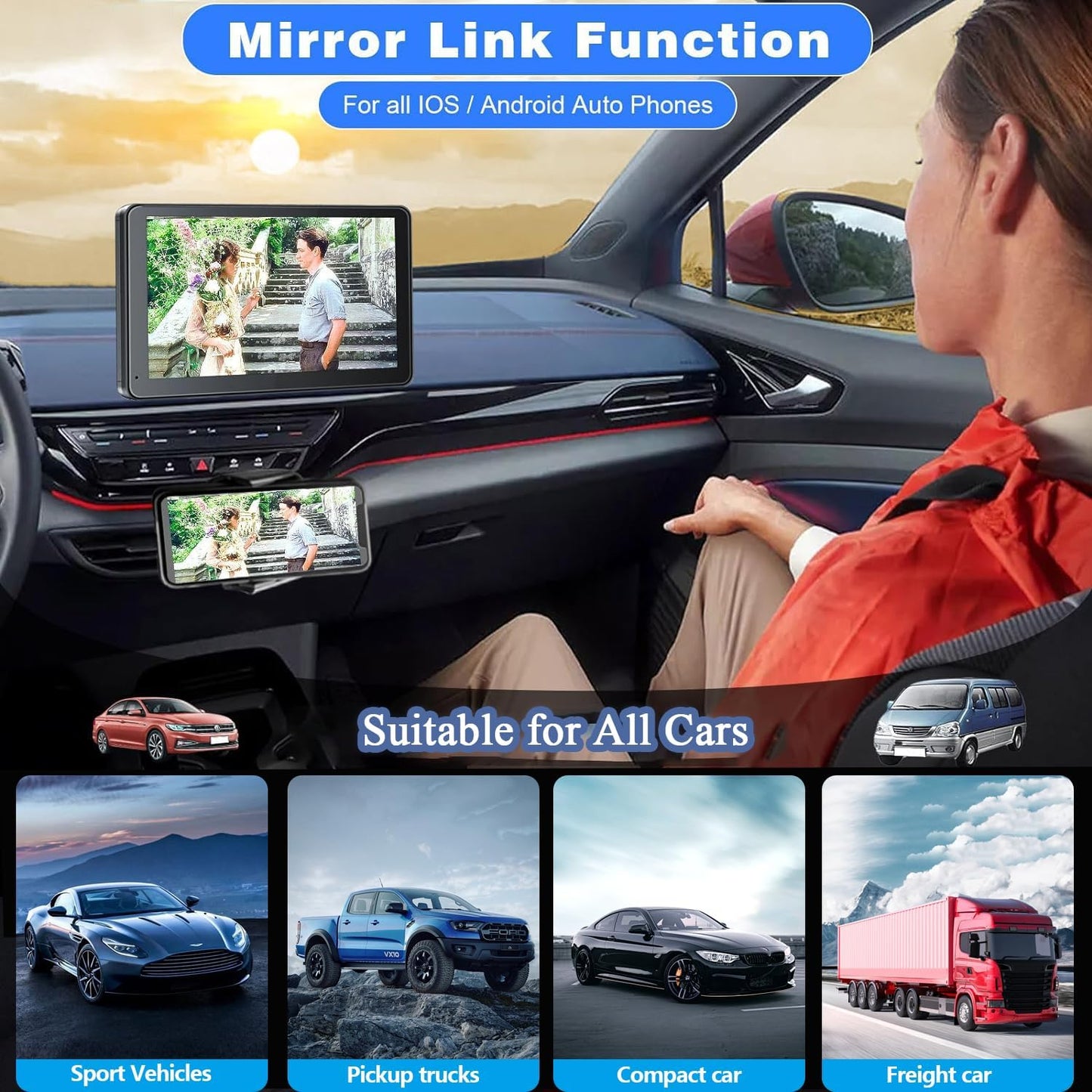 Portable Wireless with Apple CarPlay and Android Auto Screen for Car, 7" HD Touch Screen Car Stereo with Mirror Link, Bluetooth 5.2, Backup Camera, AUX,FM Transmitter for All Vehicle