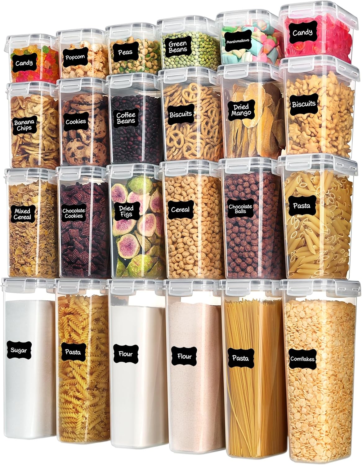 Airtight Food Storage Containers with Lids, Vtopmart 24 pcs Plastic Kitchen and Pantry Organization Canisters for Cereal, Dry Food, Flour and Sugar, BPA Free, Includes 24 Labels，Black