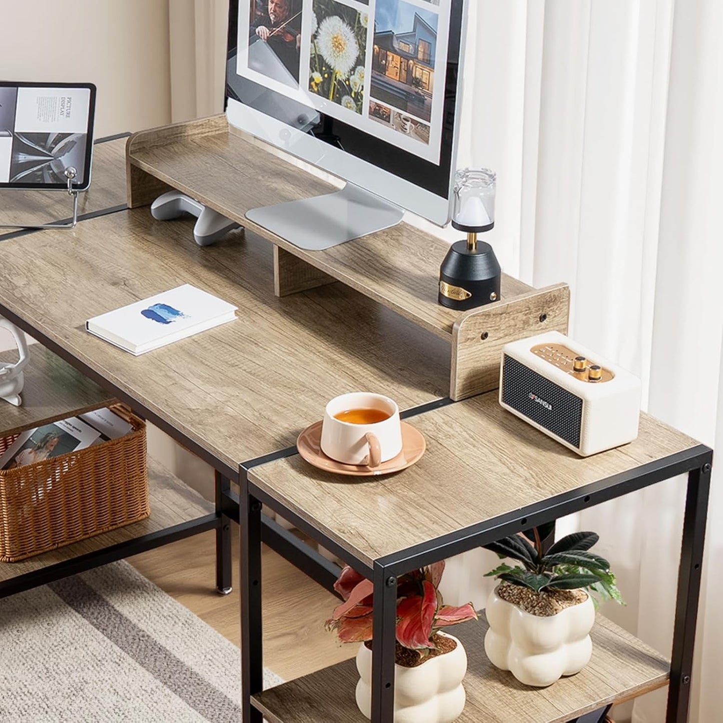 MINOSYS Gaming/Computer Desk - 47” Home Office Small Desk with Monitor Stand, Rustic Writing Desk for 2 Monitors, Adjustable Storage Space, Modern Design Corner Table.