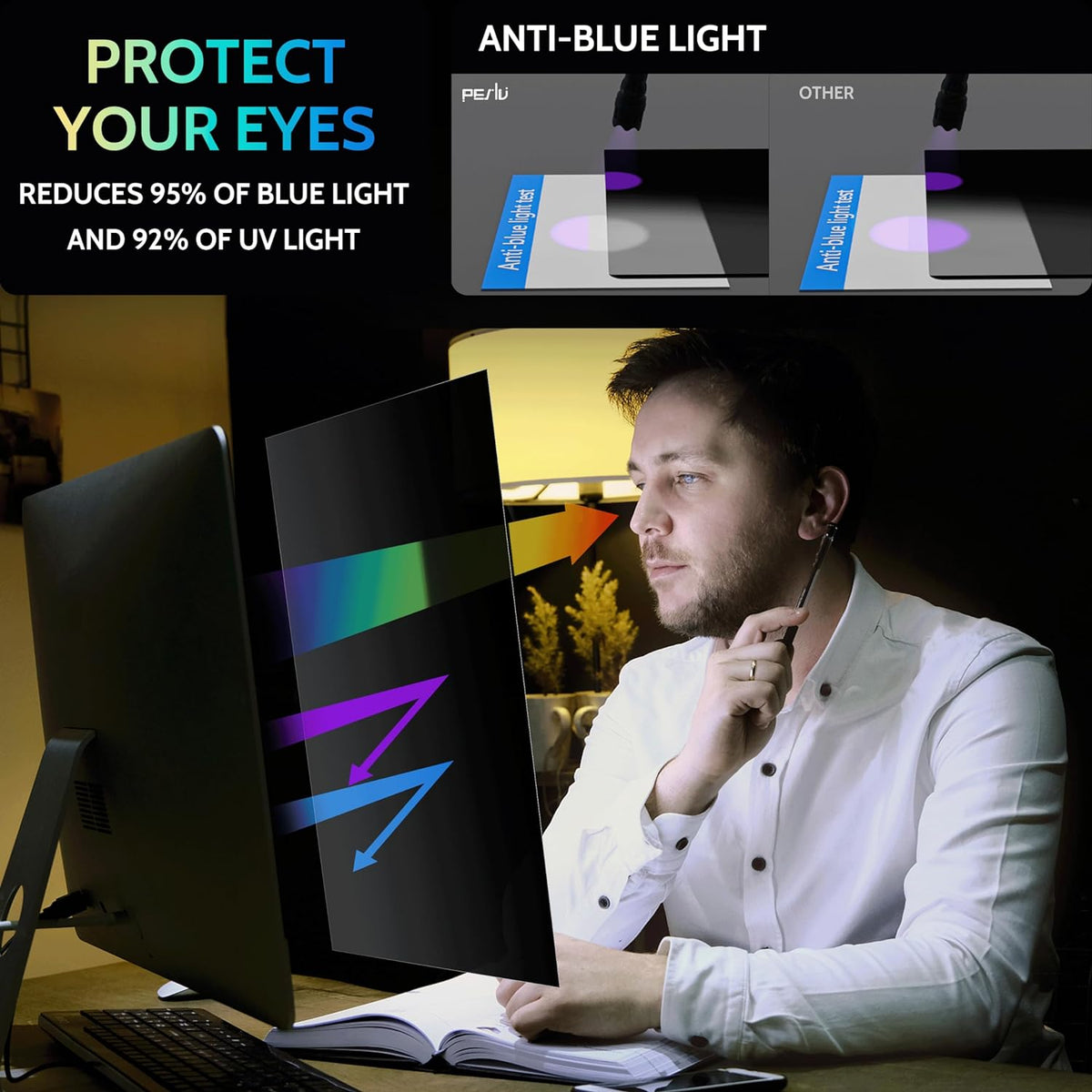 Peslv [2-Pack] 22 Inch Privacy Screen for Computer Monitor 16:10 Aspect Ratio, Eye Protection Anti Blue Light Glare Shield, 22inch Removable Black Blackout Anti Spy Desktop Security Private Filter