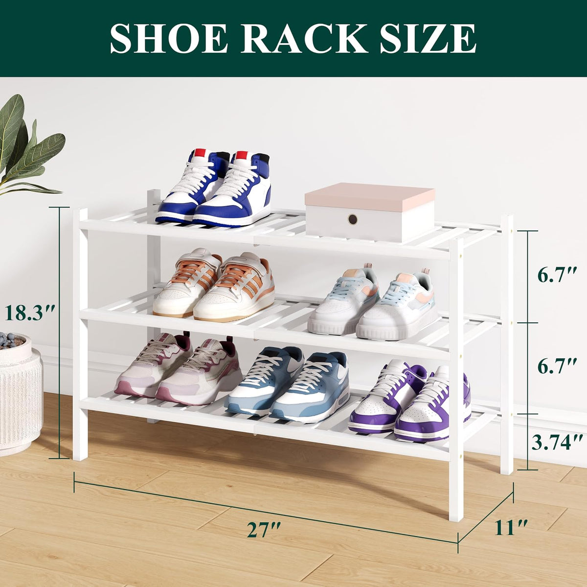 Smiry Bamboo Shoe Rack for Closet, 3 Tier - 26.77" Wide, White