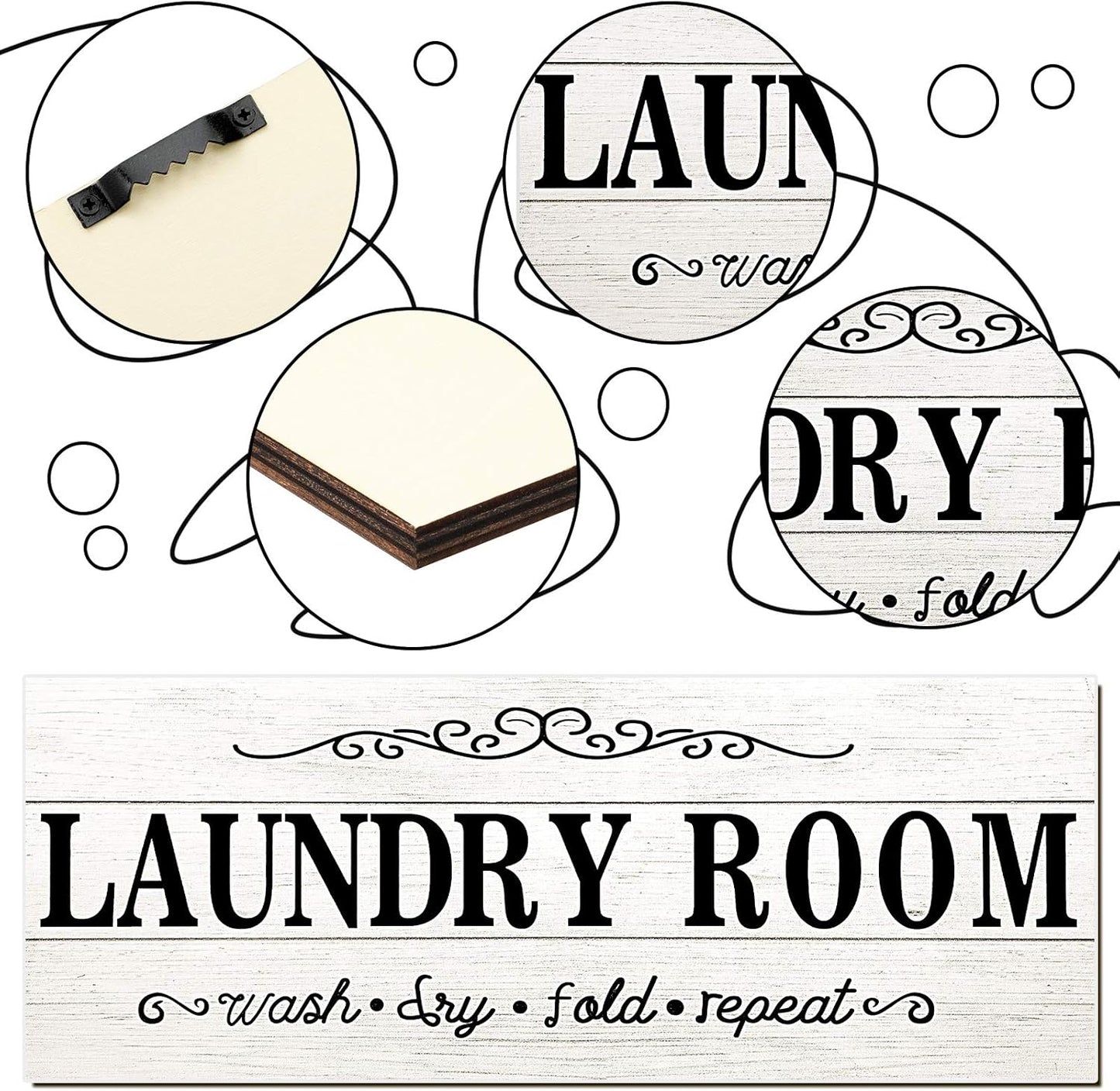 Laundry Room Decor Sign Wooden Rustic Farmhouse Family Laundry Room Wall Sign Wash Dry Fold Repeat Wall Decor Prints for Home, 16 x 6 Inches(White)