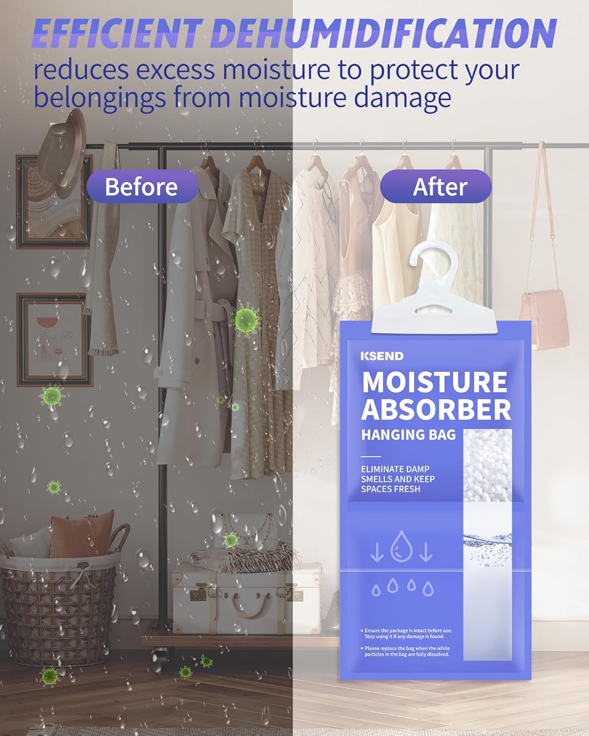 Ksend Moisture Absorbers 10 Pack, 9.8 Oz Compact Dehumidifier Bags & Packs, Moisture Hanging Bag, Humidity Absorbers, Closet Deodorizer Against Musty Odors, 11.8'' x 6.3''