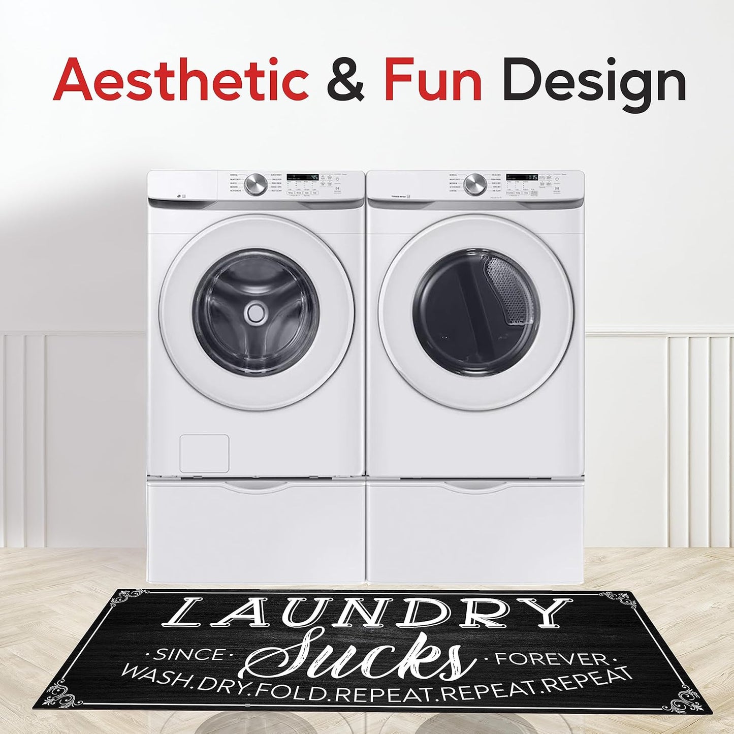 Tapeera Farmhouse Laundry Mat - 20" x 59" Non-Slip Rubber Backed Rug for Bathroom & Laundry Room Decor (Black)