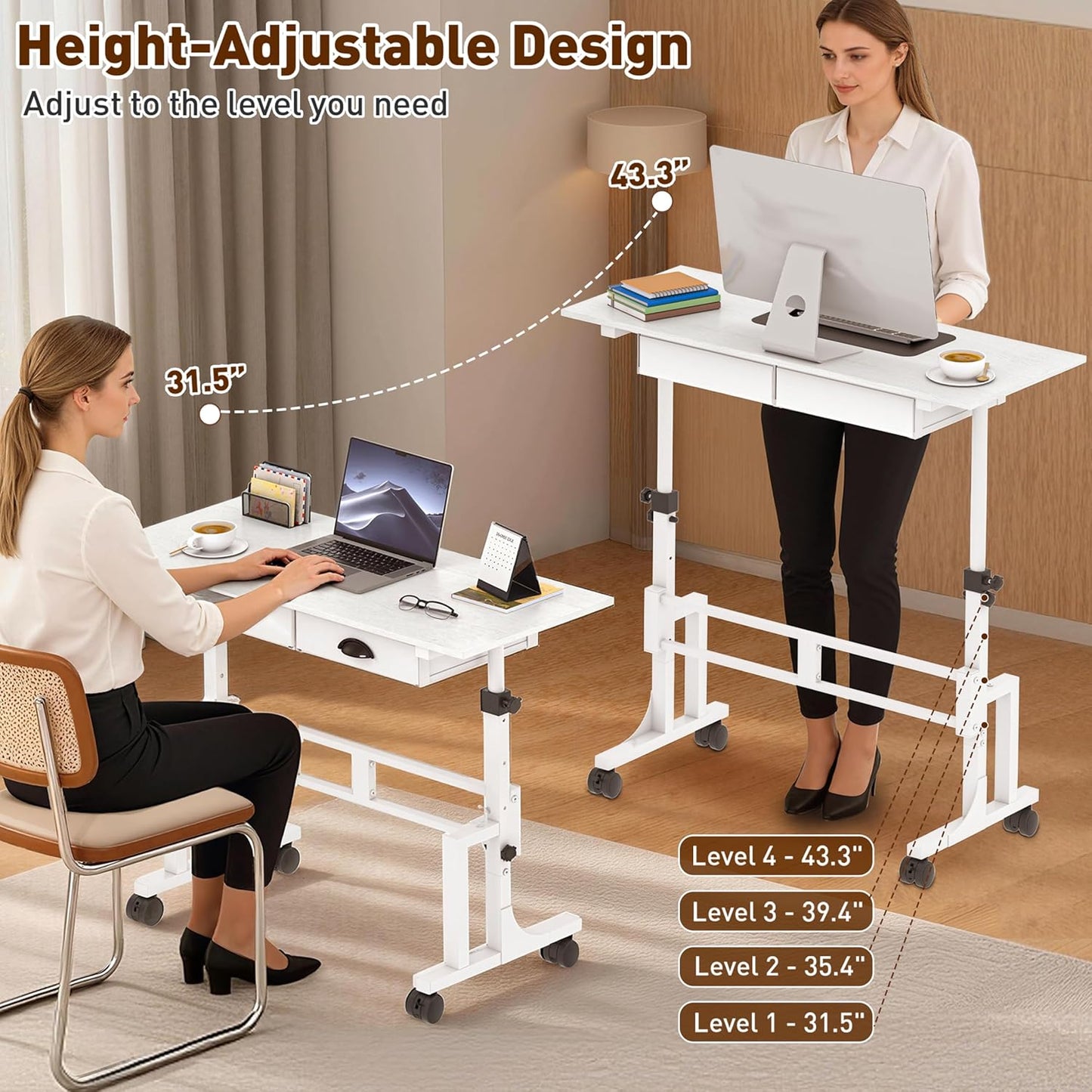 Height Adjustable Standing Desk with 2 Drawers, Small Sit Stand Up Desk with Wheels, Portable Rolling Desk for Walking Pad Treadmill, Computer Office, Adjustable 31.5"-43.3", White, Upgraded Stable