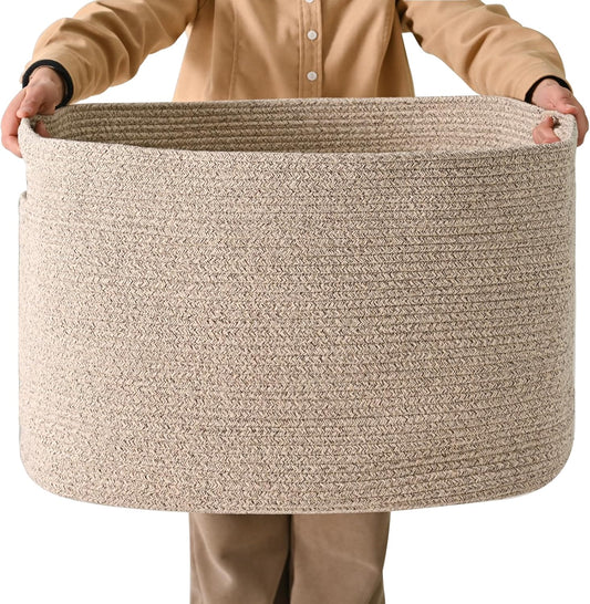 ICERZCZ Large Storage Basket for Organizing, Blanket Basket for Living Room, Large Toy Baskets for Storage, Woven Cotton Rope Baskets for Blankets, Clothes, Shoes, Brown, 25”x16”x16” (105L)