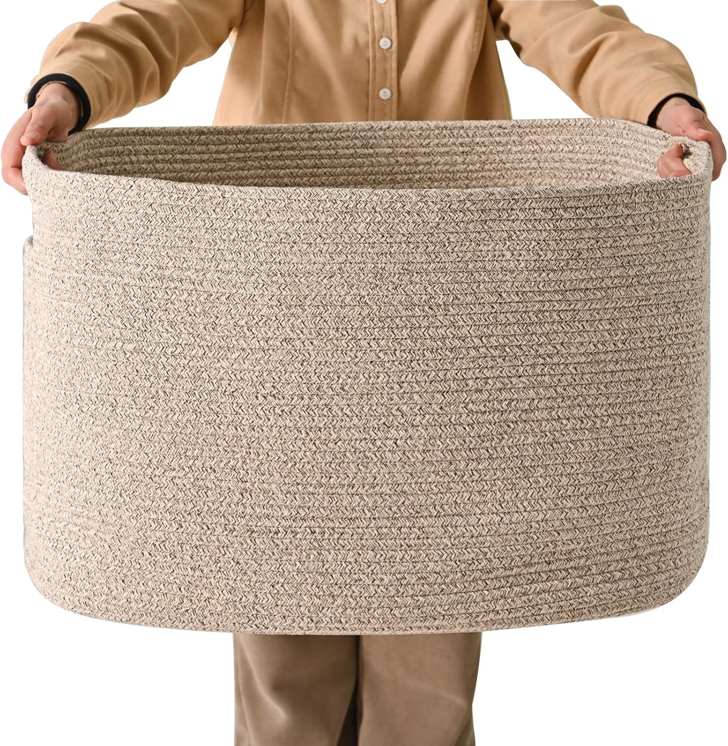 ICERZCZ White Laundry Basket, Blanket Baskets for Living Room, Cotton Rope Baskets for Storage, Woven Basket for Blankets, Toys, Clothes, Shoes, White, 25”x16”x16” (105L)