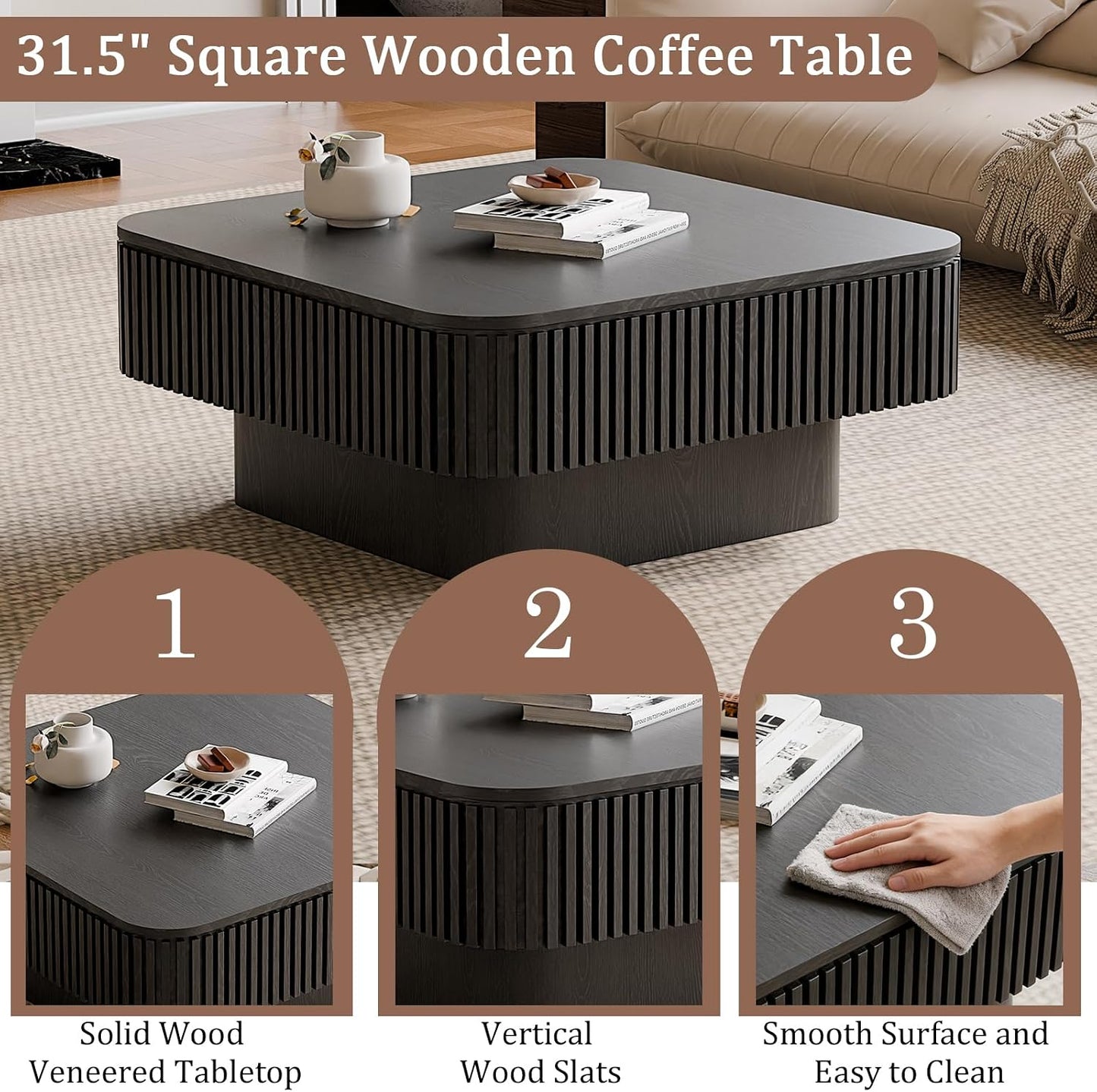 31.5" Square Coffee Table with Hidden Storage Compartment, Modern Handcraft Fluted Drum Coffee Table, Wooden Square Center Table Cocktail Tea Table with Sturdy Pedestal for Living Room, Black