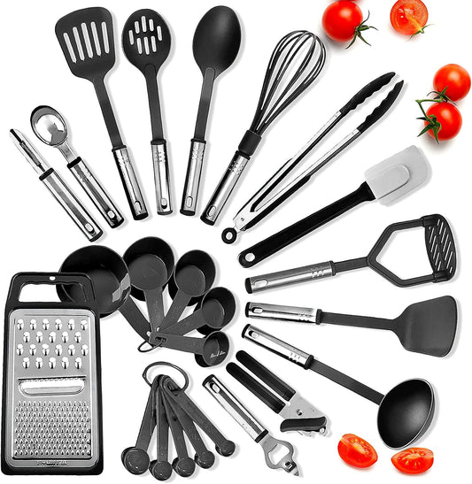 Kitchen Utensils Set - 24 PCS Nylon Cooking Utensils Set, Kitchen Spatula Set with Stainless Steel Handles - Heat Resistant Non-Stick Kitchen Tools - Black Kitchen Utensil Set