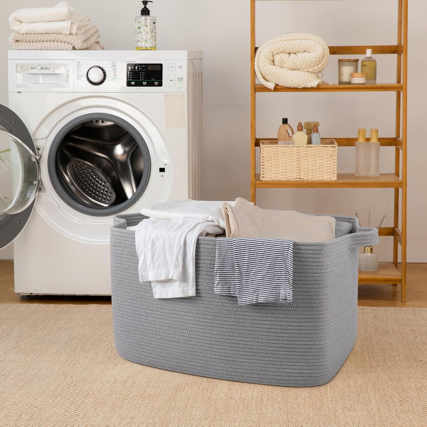 65L Large Woven Blanket Basket for Living Room, 19.7"x15.7"x11.8" | Nursery Laundry Hamper with Handle for Organizing Blankets, Pillows, Toy Storage With Handle, Large Baskets for Organizing