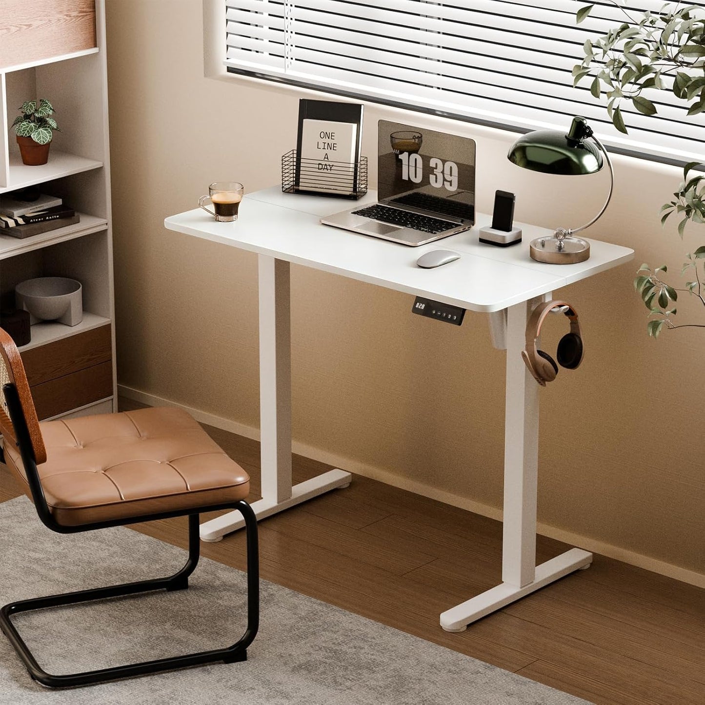 35" Electric Standing Desk Adjustable Height, Small Sit Stand Desk for Home Office & Computer Workstation, Compact Work Desk with Cable Management (White)