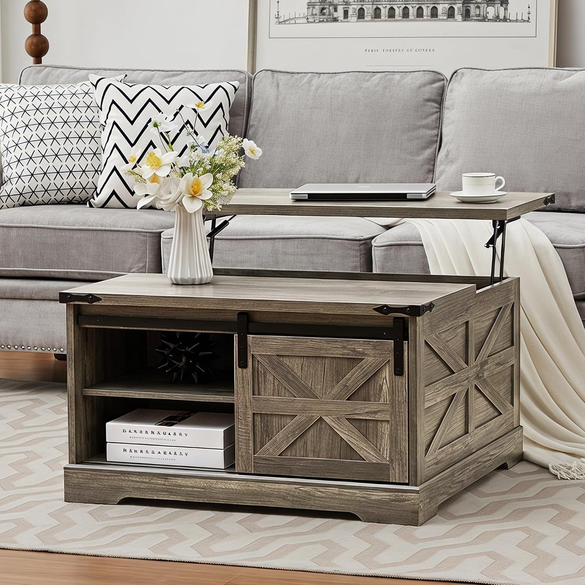Farmhouse Lift Top Coffee Table, Wood Square Coffee Table