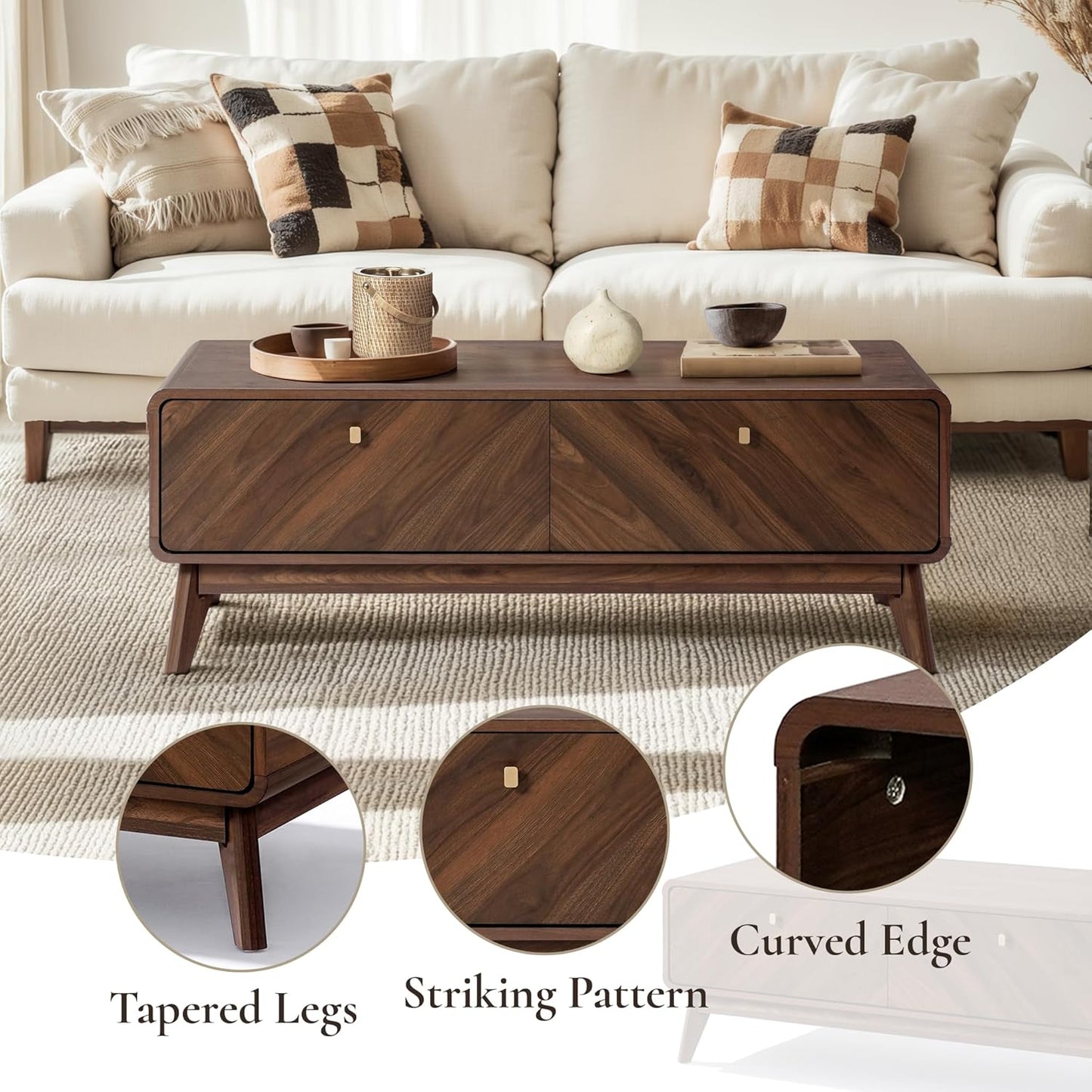 LuxenHome 47" Live Edge Mid Century Modern Walnut Coffee Table with Storage | Wooden Center Table with Storage, Geometric Wood Grain Fronts, Spacious Concealed Storage, and Tapered Legs