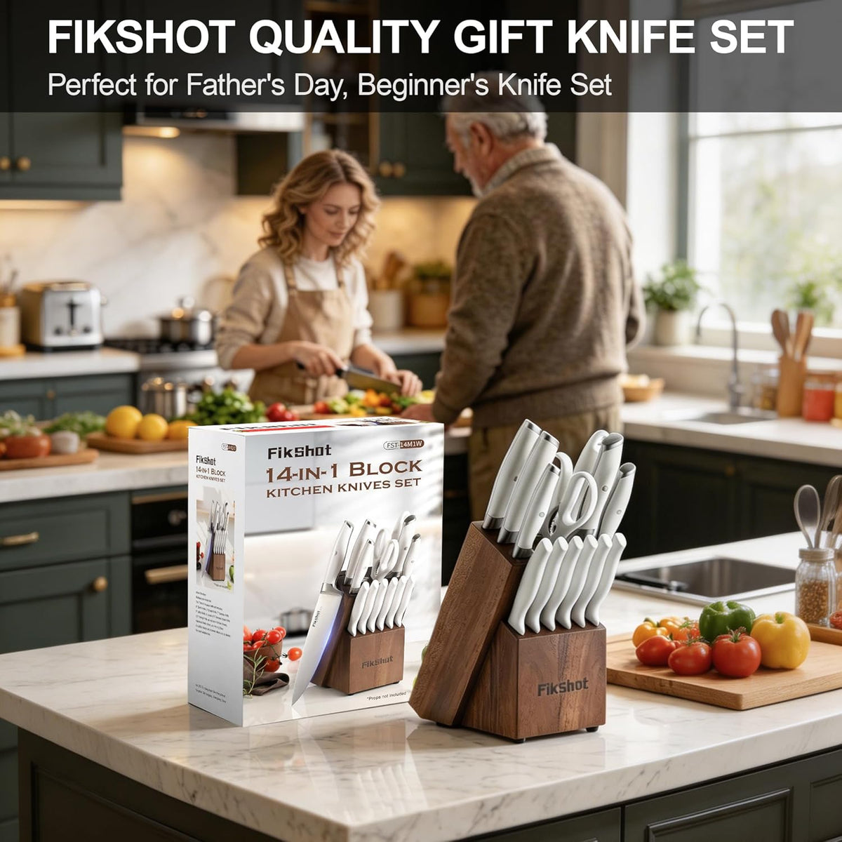 Fikshot 14-Piece Knife Set – German High Carbon Stainless Steel, Professional Chef Knives with Block & Sharpener, Elegant White, Dishwasher-Safe, Modern Kitchens, Ideal Gift for Chef & Father's Day